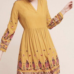 Anthropologie Long Sleeve Yellow Embroidered Dress